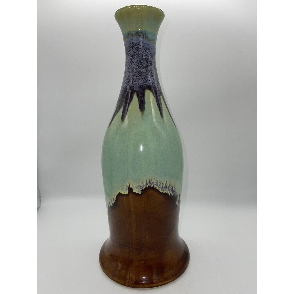 Rare Three Hands Corp. Mint Green, Purple, & Brown 13” Drip Glaze Vase Beautiful